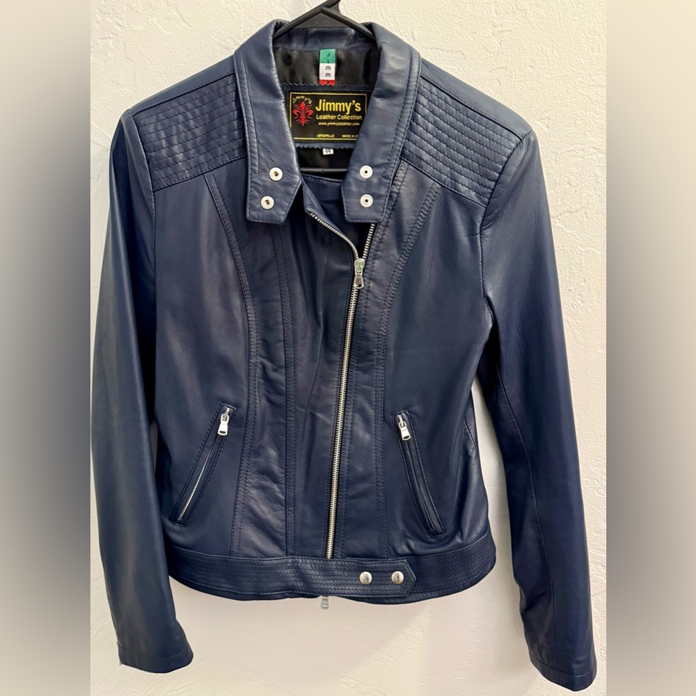 Real blue Italian leather jacket.Purchased from Jimmy’s Leather Collection XS-S
